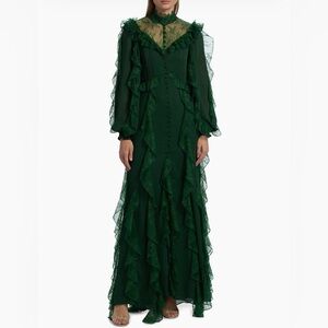 Alice and olivia elegant Green Ruffled Lace Maxi Dress SAMPLE